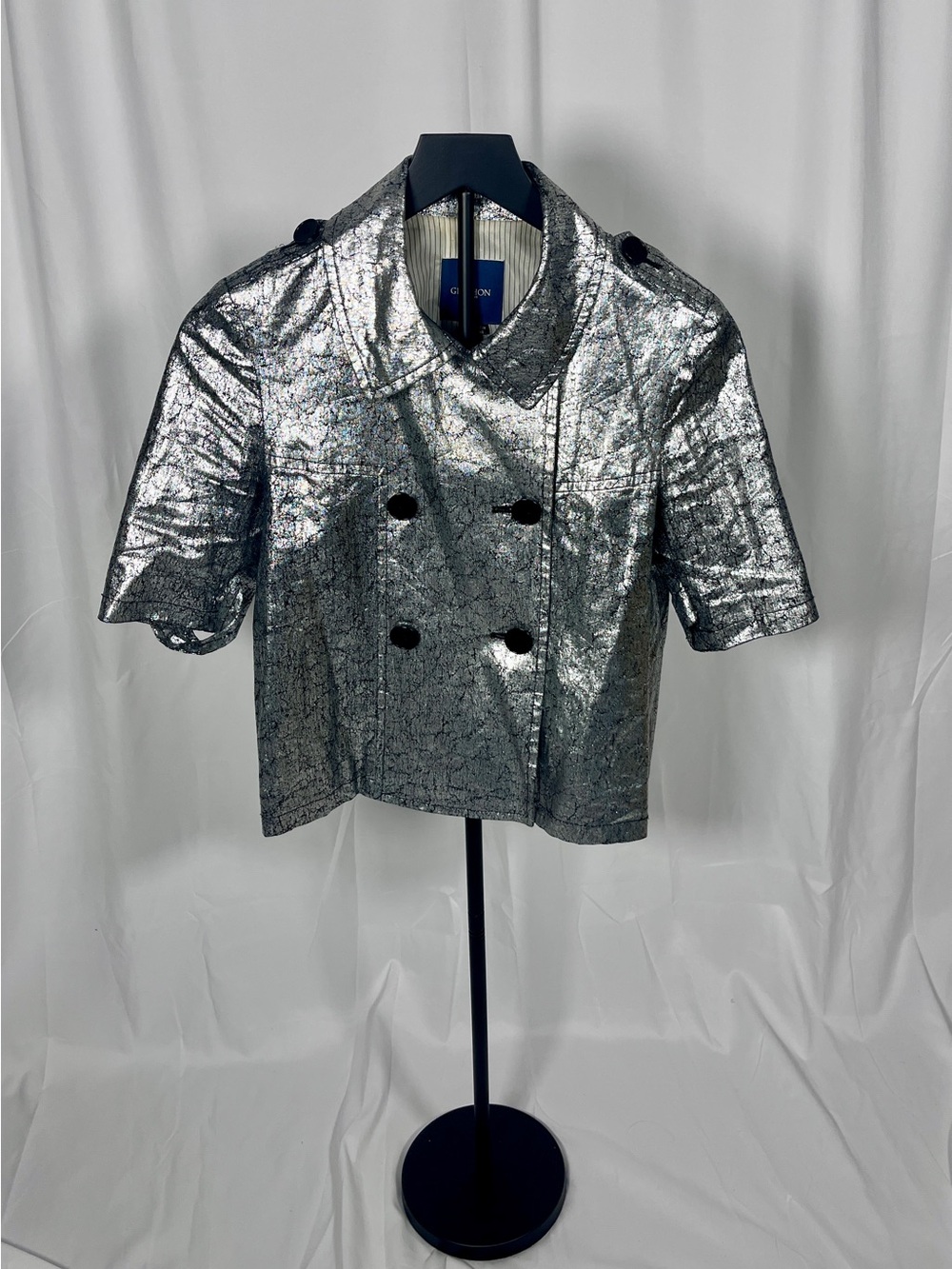 Gryphon New York Silver Cropped Jacket Metallic Moto Style Statement Piece